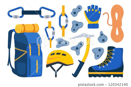 Climbing gear equipment. Mountaineering tool climber stuff elements for mountain rock climb safety rope knot harness carbines helmet ice ax extreme sport. Vector illustration. 120342140