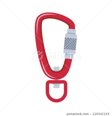 Climbers carbine. Carabiner clip spring hook safety supply for climbing. Sport lock protection alpinist rope rock, mountaineering hiking steel tool, security metal chain. Vector illustration. Climbers carbine. Carabiner clip spring hook safety supply for climbing. Sport lock protection alpinist rope rock, mountaineering hiking steel tool, security metal chain. Vector illustration. 120342143