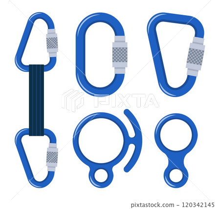 Climbers carbine set. Carabiner clip spring hook safety supply for climbing. Sport lock protection alpinist rope rock, mountaineering hiking steel tool, security metal chain. Vector. 120342145