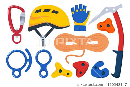 Climbing gear equipment. Mountaineering tool climber stuff elements for mountain rock climb safety rope knot harness carbines helmet ice ax extreme sport. Vector illustration. Climbing gear equipment. Mountaineering tool climber stuff elements for mountain rock climb safety rope knot harness carbines helmet ice ax extreme sport. Vector illustration. 120342147