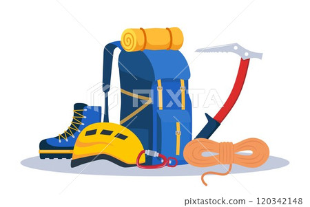 Climbing gear equipment. Mountaineering tool climber stuff elements for mountain rock climb safety rope knot harness carbines helmet ice ax extreme sport. Vector illustration. 120342148