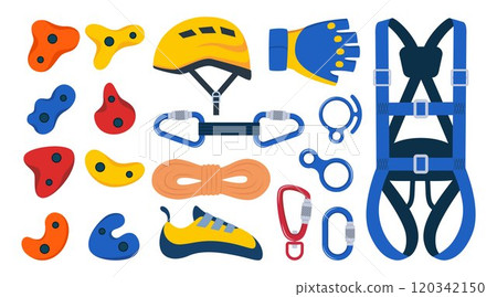 Climbing gear equipment. Mountaineering tool climber stuff elements for mountain rock climb safety rope knot harness carbines helmet ice ax extreme sport. Vector illustration. 120342150