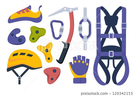 Climbing gear equipment. Mountaineering tool climber stuff elements for mountain rock climb safety rope knot harness carbines helmet ice ax extreme sport. Vector illustration. Climbing gear equipment. Mountaineering tool climber stuff elements for mountain rock climb safety rope knot harness carbines helmet ice ax extreme sport. Vector illustration. 120342153