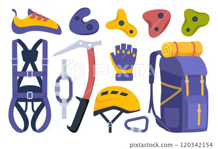Climbing gear equipment. Mountaineering tool climber stuff elements for mountain rock climb safety rope knot harness carbines helmet ice ax extreme sport. Vector illustration. 120342154