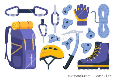Climbing gear equipment. Mountaineering tool climber stuff elements for mountain rock climb safety rope knot harness carbines helmet ice ax extreme sport. Vector illustration. 120342156
