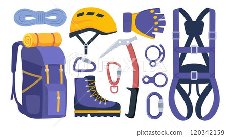 Climbing gear equipment. Mountaineering tool climber stuff elements for mountain rock climb safety rope knot harness carbines helmet ice ax extreme sport. Vector illustration. 120342159