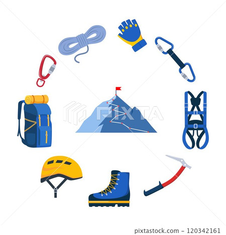 Climbing gear equipment. Mountaineering tool climber stuff elements for mountain rock climb safety rope knot harness carbines helmet ice ax extreme sport. Vector illustration. 120342161