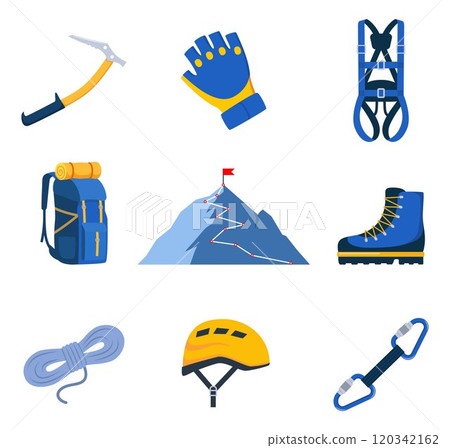 Climbing gear equipment. Mountaineering tool climber stuff elements for mountain rock climb safety rope knot harness carbines helmet ice ax extreme sport. Vector illustration. 120342162