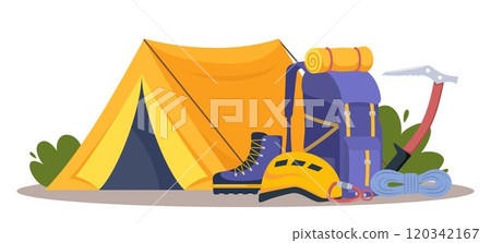 Climbing gear equipment. Mountaineering tool climber stuff elements for mountain rock climb safety rope knot harness carbines helmet ice ax extreme sport. Vector illustration. 120342167