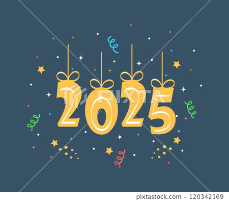 Celebrating New Year 2025. Hanging gold numbers with ribbons, Firecrackers, confetti, fireworks, carnival. New Year greeting card. Vector illustration. 120342169