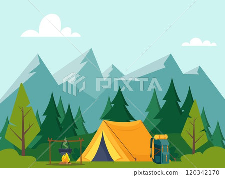Camp tent in forest. Tent, forest, campfire. Banner, poster for climbing, hiking sport, adventure tourism, travel, backpacking. Vector illustration. 120342170