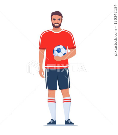Young man football or soccer player standing with ball in his hand. Guy wearing sports outfit, boots and stockings. Vector illustration. 120342184