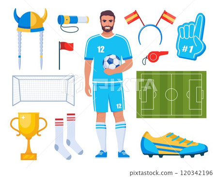 Football game and fan attributes. Soccer cheer accessories. Football match, competition, championship. Set of elements for soccer, football sport event. Vector illustration. Football game and fan attributes. Soccer cheer accessories. Football match, competition, championship. Set of elements for soccer, football sport event. Vector illustration. 120342196