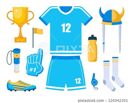 Football game and fan attributes. Soccer cheer accessories. Football match, competition, championship. Set of elements for soccer, football sport event. Vector illustration. 120342201