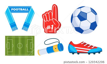 Football game and fan attributes. Soccer cheer accessories. Football match, competition, championship. Set of elements for soccer, football sport event. Vector illustration. 120342206