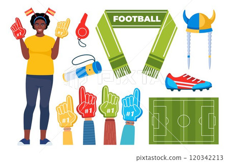 Fan attributes set. football fan character and soccer cheer accessories. Football support. Vector illustration. 120342213