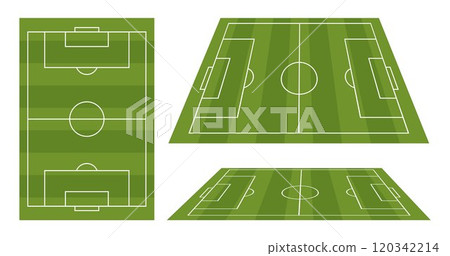 Soccer grass field top view and view in perspective. Green pitch. Sport stadium for football. Place for sport match, competition, championship. Vector illustration. 120342214