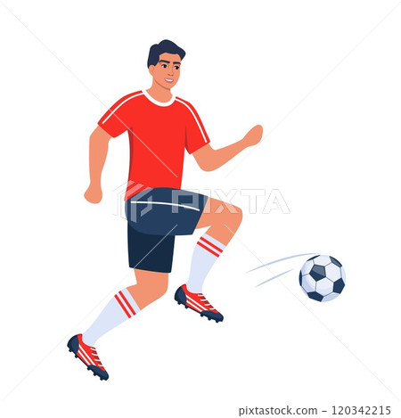 Man, soccer player. Guy running, kicking ball on sport field. Active man in sportswear playing football, training. Healthy activity. Vector illustration. 120342215