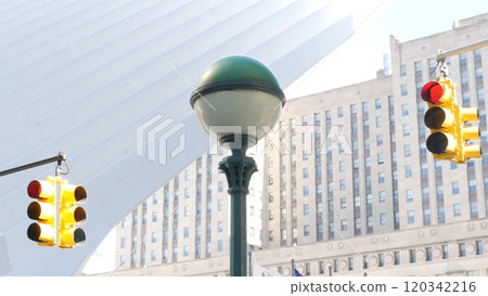 New York City subway entrance globe, orb lamp. Traffic light, Manhattan downtown, underground metro. New York City subway entrance globe, orb lamp. Traffic light, Manhattan downtown, underground metro. 120342216