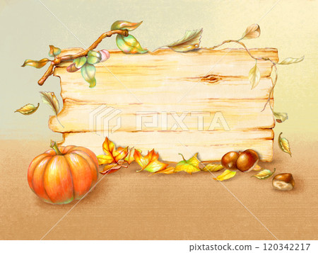 Wood banner with autumn vegetation 120342217