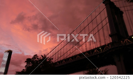 Manhattan Bridge to Brooklyn Dumbo. New York City symbol, USA. Evening sunset cloudy sky before rain Manhattan Bridge to Brooklyn Dumbo. New York City symbol, USA. Evening sunset cloudy sky before rain 120342225