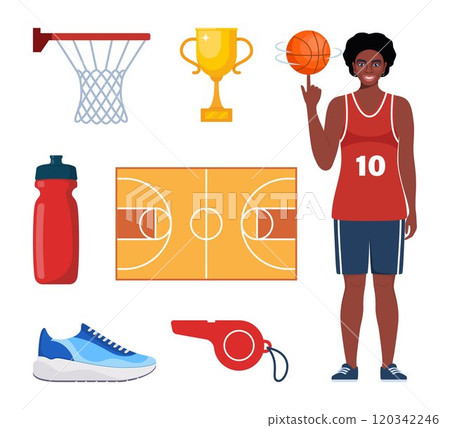 Basketball Elements, set. Various Equipment for Basketballs. Basketball player, ball, basket, sneakers, cup, whistle. Vector illustration. 120342246
