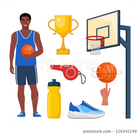 Basketball Elements, set. Various Equipment for Basketballs. Basketball player, ball, basket, sneakers, cup, whistle. Vector illustration. 120342249