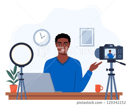 Man blogger records himself on video using a camera and a circle light lamp. Vector character influencer creating a video review for a blog. Vlogger records video indoors. Flat illustration. 120342252
