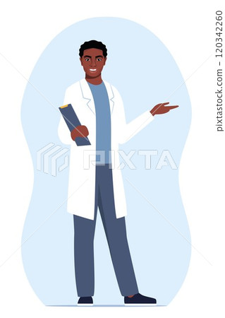Doctor in medical uniform pointing and showing something with hand. Medicine worker black man explaining and presenting something. Vector flat illustration. 120342260