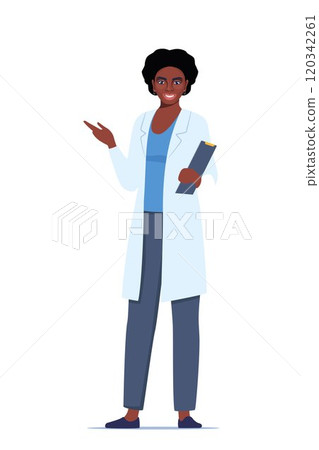 Doctor in medical uniform pointing and showing something with hand. Medicine worker black woman explaining and presenting something. Vector flat illustration. 120342261