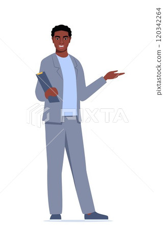 Young character with clipboard standing isolated on white background. Black man introduce, show and present something. Business speaker standing with clipboard. Male presenter. Vector illustration. Young character with clipboard standing isolated on white background. Black man introduce, show and present something. Business speaker standing with clipboard. Male presenter. Vector illustration. 120342264