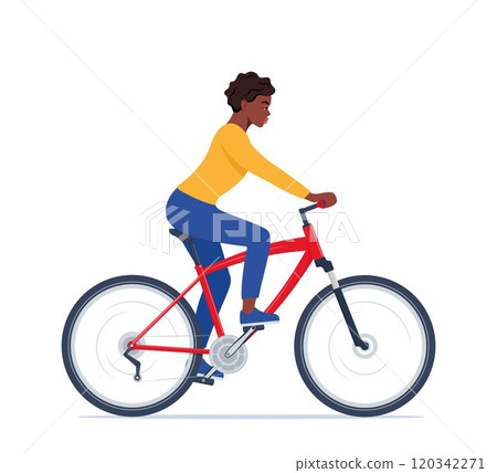Cute happy young African American woman on bike. Adorable female bicyclist. Flat vector illustration. 120342271