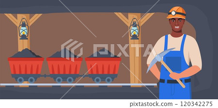 Coal mine tunnel. Trolley with coal in old mining cave interior. Miner man character, coal or minerals mining, African American worker in uniform with pickaxe. Coal mine tunnel. Vector. 120342275