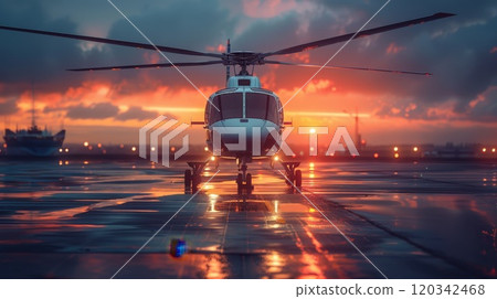 The helicopter lands at sunset on the helipad. Night helicopter flight over the city 120342468
