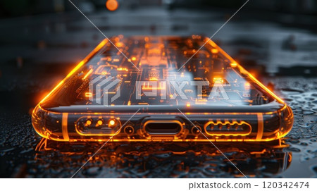 A futuristic smartphone on an abstract background. Concept: technology, the future and futuristic technologies A futuristic smartphone on an abstract background. Concept: technology, the future and futuristic technologies 120342474