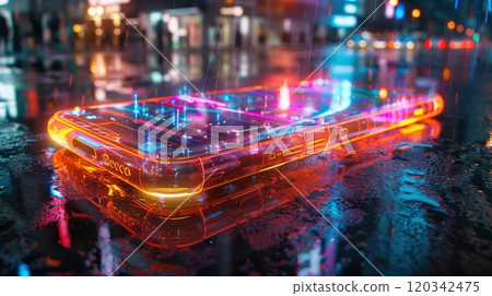 A futuristic smartphone on an abstract background. Concept: technology, the future and futuristic technologies 120342475