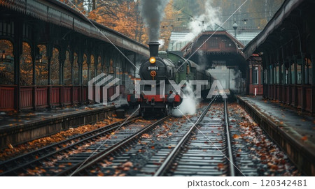 An old steam locomotive passage on rails is approaching the station 120342481