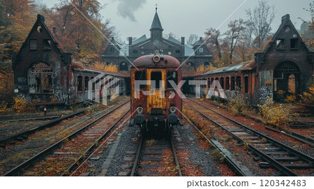 An old steam locomotive passage on rails is approaching the station 120342483