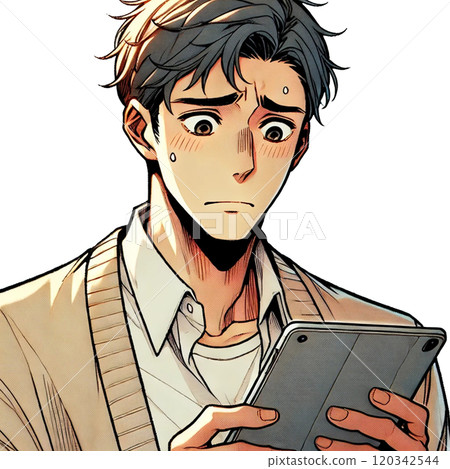 A man looking at a tablet and worrying 120342544