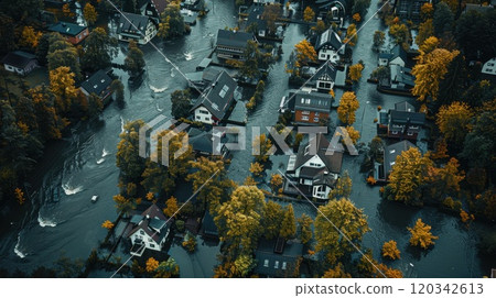 Top view of the disaster site. Houses in the village are flooded with water up to the roofs 120342613