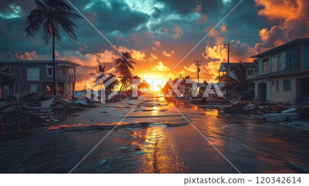 Flooded streets of the city. Street after heavy rain. Severe weather concept 120342614