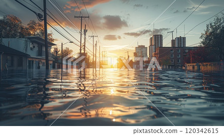 Flooded streets of the city. Street after heavy rain. Severe weather concept Flooded streets of the city. Street after heavy rain. Severe weather concept 120342615