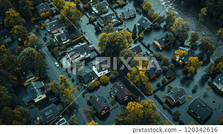 Top view of the disaster site. Houses in the village are flooded with water up to the roofs Top view of the disaster site. Houses in the village are flooded with water up to the roofs 120342616