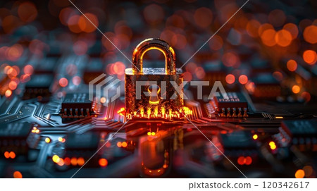 Illustration of a castle on an abstract background. Cybersecurity technology or Internet network security systems and the concept of data protection using encryption. Blocking the cybersecurity system 120342617