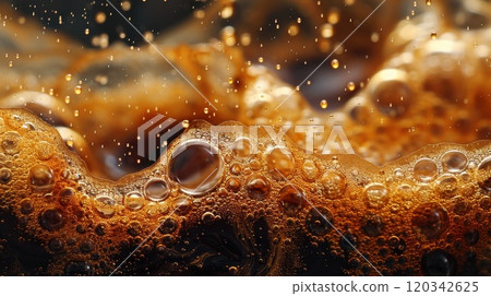 Coffee bubbles in a mysterious space. Wavy bubbles. Rich creamy brown coffee foam 120342625