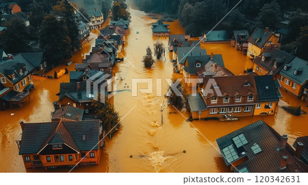 Top view of the disaster site. Houses in the village are flooded with water up to the roofs 120342631