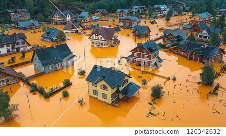 Top view of the flooded houses . The houses in the village are flooded with water up to the roofs 120342632