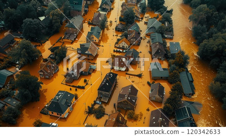 Top view of the flooded houses . The houses in the village are flooded with water up to the roofs 120342633