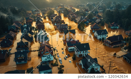 Top view of the flooded houses . The houses in the village are flooded with water up to the roofs 120342634