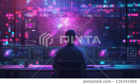 A man is sitting on a computer and doing an analysis of financial data. A businessman displays data on a monitor screen for strategic planning 120342808